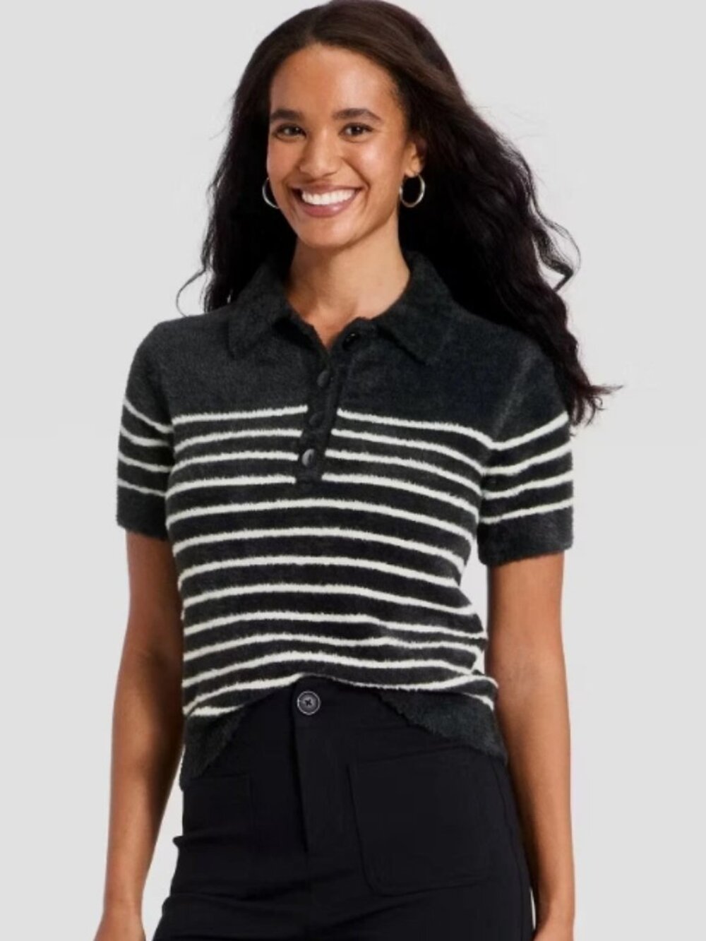 Women's Short Sleeve Polo Collar‎ Fuzzy Polo T-Shirt - A New Day Black Striped